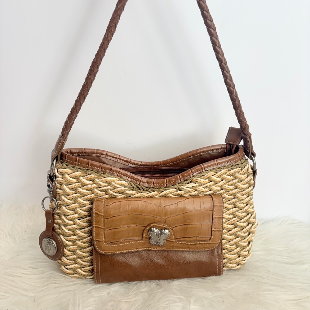 Bueno Woven Straw Shoulder Bag Brown Faux Crocodile Trim Butterfly Detail